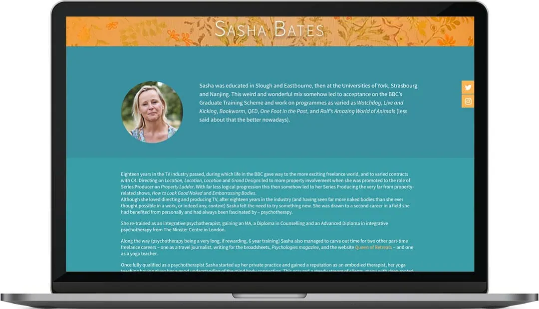Sasha Bates about page web design Sasha Bates web design Sasha Bates about page web design