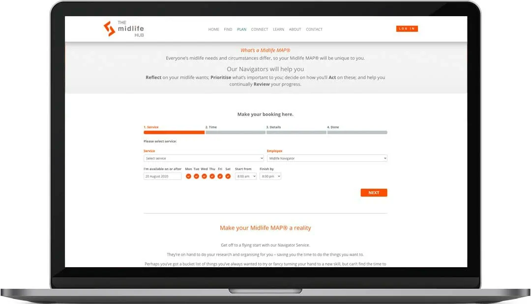 The Midlife Hub website design booking option
