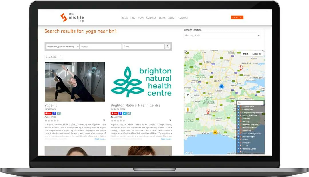 The Midlife Hub website design search results