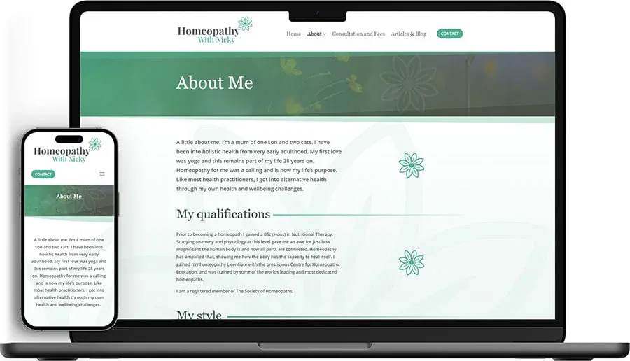 Homeopathy with Nicky Logo and web design About Me