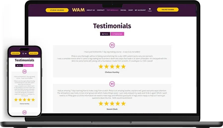 WAM Testimonials web design The Wigs and Makeup Studio | Refresh and LMS WAM Testimonials web design